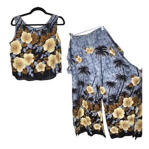 Habiscus Collection Hawaii M 2-Piece Set 100% Rayon Flowy Wrap Pants & Tank Blue